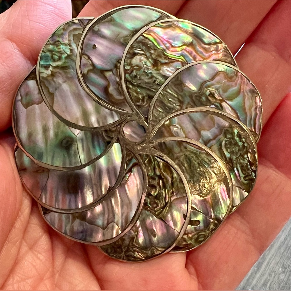 Vintage Mexico Silver Abalone Shell Brooch and Pendant C Clasp